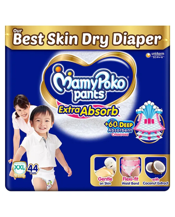 MamyPoko Pants Extra Absorb Baby Diapers, Extra Extra Large (XXL size) | 15-25 kg | 44 Count |Deep Sleep Diapers| Soft gentle fit |Deep Absorbent Crisscross | skin friendly with coconut oil |