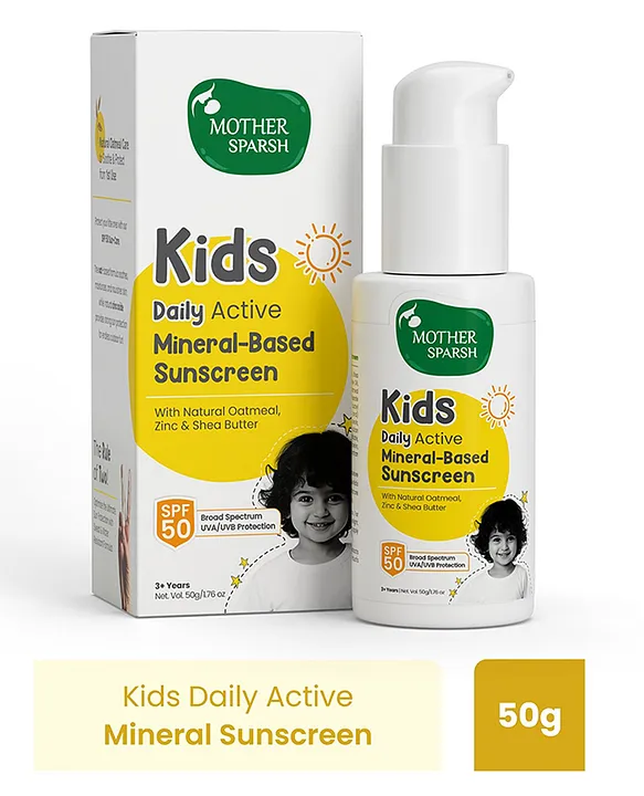 Mother Sparsh Baby Sunscreen with Natural Oatmeal & Zinc Daily Active Mineral Based Baby Sunscreen Lotion with SPF 50 Broad Spectrum UVA/UVB Protection Water & Sweat Resistant - 50 g