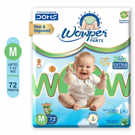 Wowper Fresh Baby Diaper Pants By DOMS | Wetness Indicator | Up to 12 Hrs. Absorption | 7-12 Kg | M  (72 Pieces)