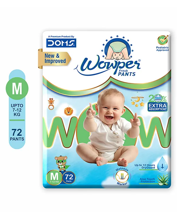 Wowper Fresh Baby Diaper Pants By DOMS | Wetness Indicator | Up to 12 Hrs. Absorption | 7-12 Kg | M  (72 Pieces)