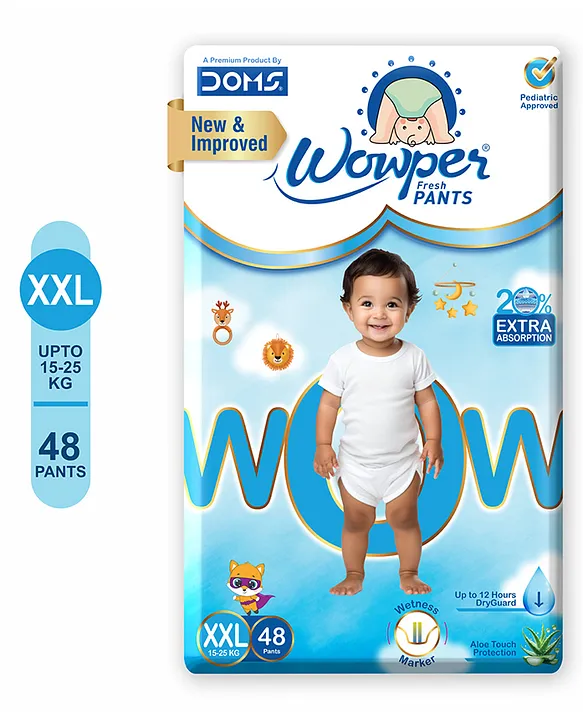 Wowper Fresh Baby Diaper Pants By DOMS | Wetness Indicator | Upto 12 Hrs Absorption | 15-25 Kg | XXL  (48 Pieces)
