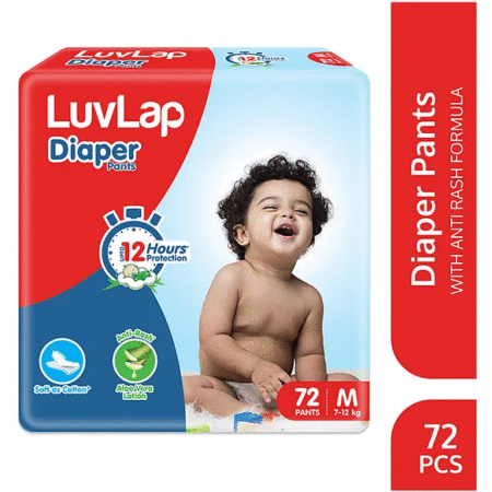 Luv Lap LuvLap Baby Diaper Pants, Medium (M), 72 Count, Aloe Vera Lotion, 12hr Protection, White