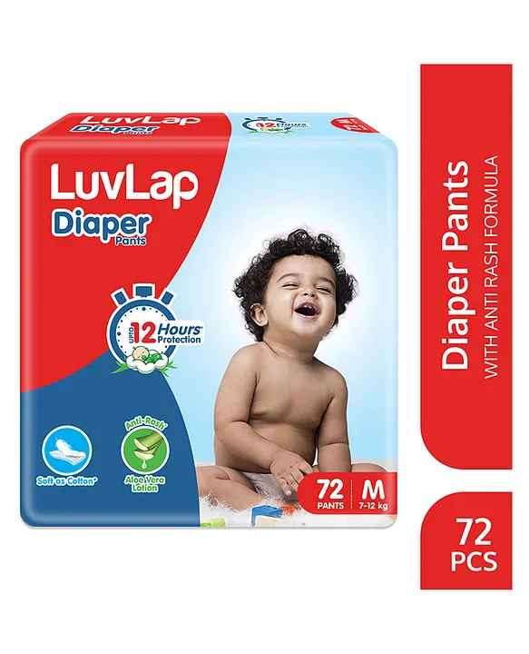 Luv Lap LuvLap Baby Diaper Pants, Medium (M), 72 Count, Aloe Vera Lotion, 12hr Protection, White