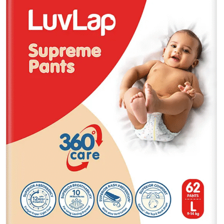 Luv Lap LuvLap Supreme Diaper Pants Large (LG) 9-14kg, 62pcs, Aloe Vera, Rash Prevention, 12hr Protection, 5 Layer, Super Light Core, White