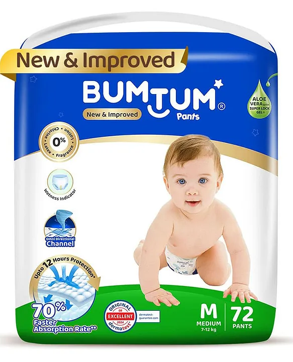 Bumtum Baby Diaper Pants with Double Layer Leakage Protection Infused With Aloe Vera, Cottony Soft High Absorb Technology Medium - 72 Pieces