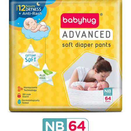 Babyhug Advanced Pant Style Diapers New Born (NB) Size - 64 Pieces, Honeycomb Technology, Cottony Soft Diaper with 3D Leak Guard, Latex & Alcohol Free, Anti-rash & Gentle