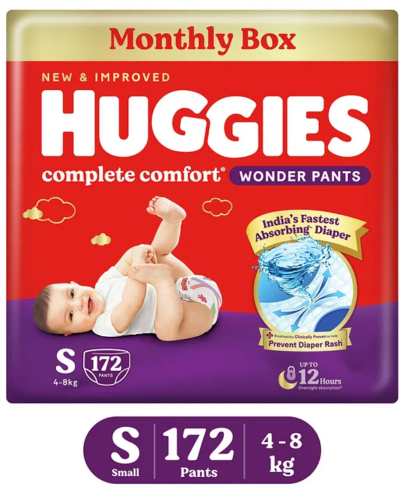 Huggies Complete Comfort Wonder Pants, India's Fastest Absorbing Diaper | S Size, 172 Diapers