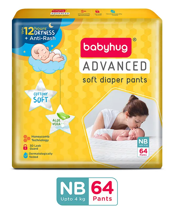 Babyhug Advanced Pant Style Diapers New Born (NB) Size - 64 Pieces, Honeycomb Technology, Cottony Soft Diaper with 3D Leak Guard, Latex & Alcohol Free, Anti-rash & Gentle
