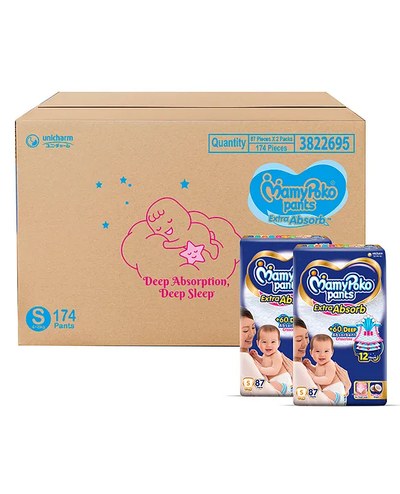 MamyPoko Pants Extra Absorb Baby Diapers, Small (S size) | 4-8 kg | 174 Count |Deep Sleep Diapers| Soft gentle fit |Deep Absorbent Crisscross | skin friendly with coconut oil |
