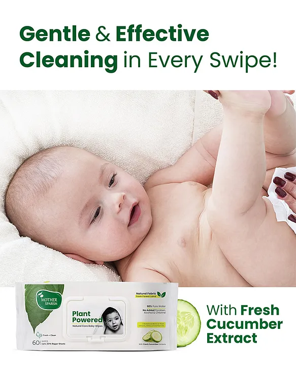 Mother Sparsh Baby Plant Powered Natural Baby Wipes With Cucumber Extract - 60 Pieces