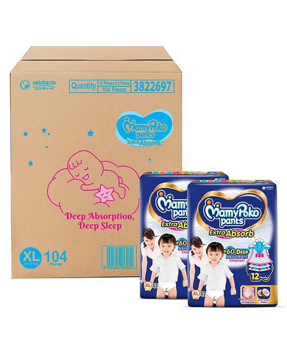 MamyPoko Pants Extra Absorb Baby Diapers, Extra Large (XL size) | 12-17 kg | 104 Count |Deep Sleep Diapers| Soft gentle fit |Deep Absorbent Crisscross | skin friendly with coconut oil |