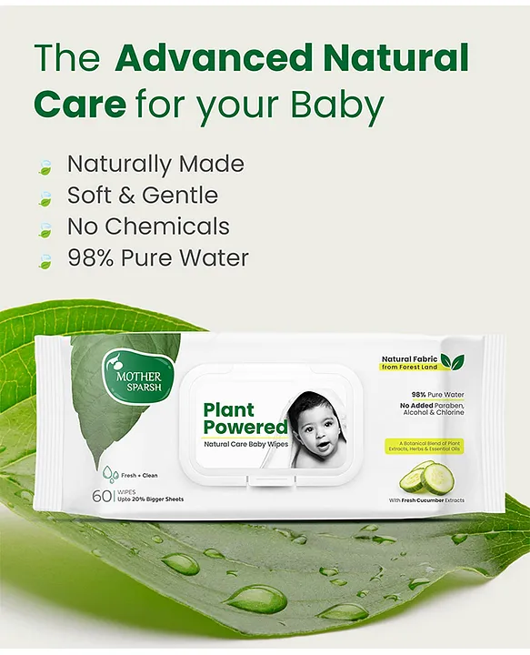 Mother Sparsh Baby Plant Powered Natural Baby Wipes With Cucumber Extract - 60 Pieces