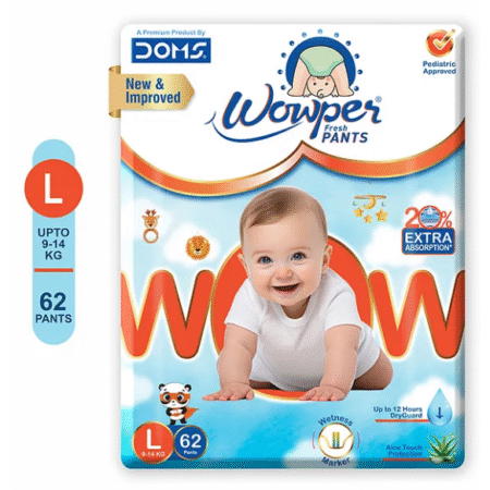 Wowper Fresh Baby Diaper Pants By DOMS| Wetness Indicator | Upto 12 Hrs Absorption | 9-14 Kg | L  (62 Pieces)