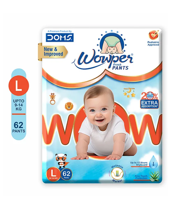 Wowper Fresh Baby Diaper Pants By DOMS| Wetness Indicator | Upto 12 Hrs Absorption | 9-14 Kg | L  (62 Pieces)