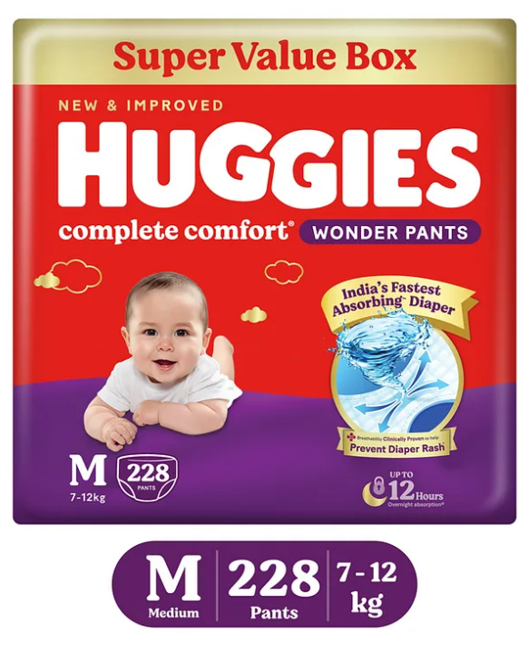 Huggies Complete Comfort Wonder Pants, India's Fastest Absorbing Diaper | M Size, 228 Diapers