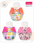 Baby hug Free Size Reusable Cloth Diaper With Inserts & Contrast Flap Pack of 3 - Pink & Orange