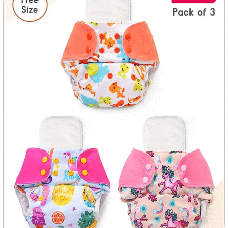 Baby hug Free Size Reusable Cloth Diaper With Inserts & Contrast Flap Pack of 3 - Pink & Orange