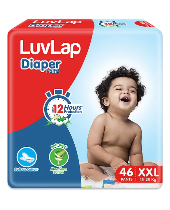 Luv Lap LuvLap Diaper Pants XXL, 15-25kg, 46 Count, Baby Diaper Pants, with Aloe Vera Lotion for Rash Protection, upto 12 Hour protection, White