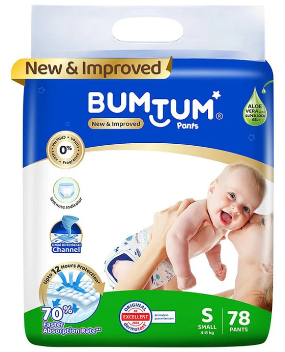 Bumtum Baby Diaper Pants with Double Layer Leakage Protection Infused With Aloe Vera, Cottony Soft High Absorb Technology Small - 78 Pieces