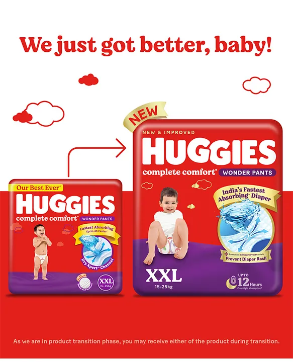 Huggies Complete Comfort Wonder Pants, India's Fastest Absorbing Diaper | XXL Size, 96 Diapers