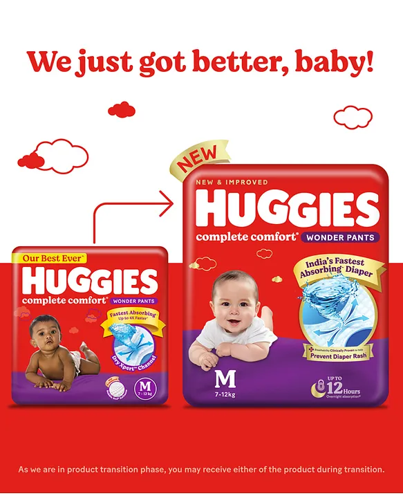 Huggies Complete Comfort Wonder Pants, India's Fastest Absorbing Diaper | M Size, 228 Diapers