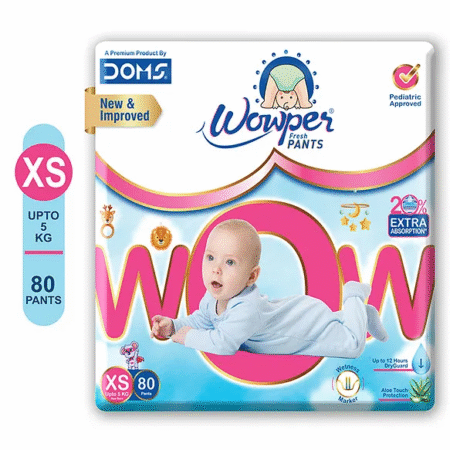 Wowper Fresh Baby Diaper Pants By DOMS | New Born | Wetness Indicator | Upto 12 Hrs Absorption | 0-5 Kg | XS  (80 Pieces)