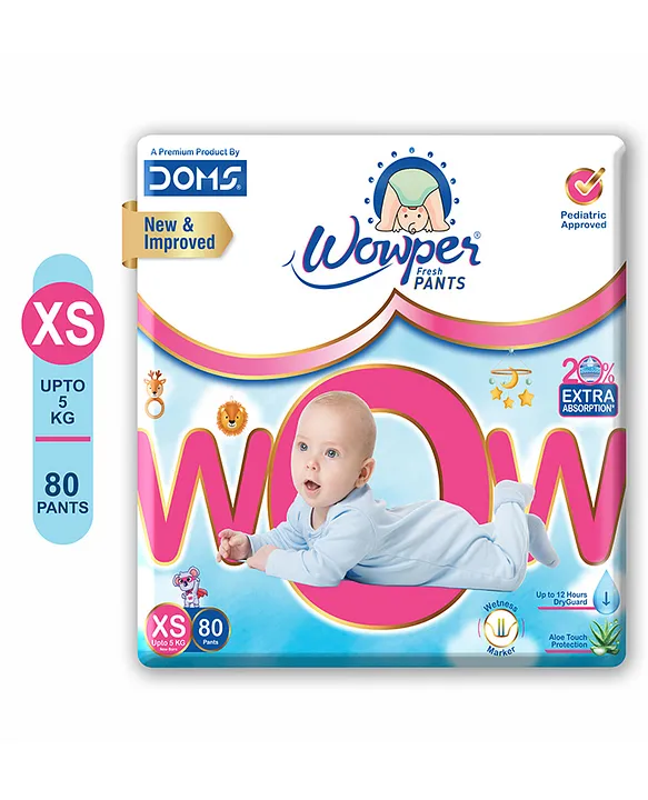 Wowper Fresh Baby Diaper Pants By DOMS | New Born | Wetness Indicator | Upto 12 Hrs Absorption | 0-5 Kg | XS  (80 Pieces)