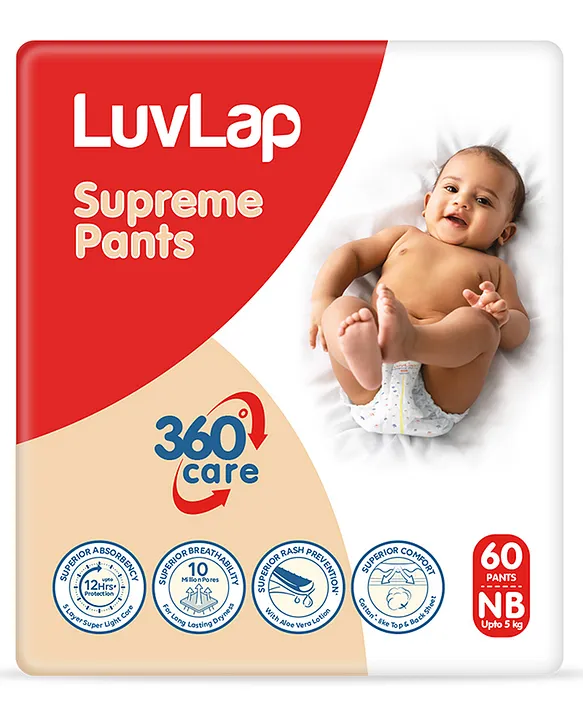 Luv Lap LuvLap Supreme Diaper Pants Newborn (NB) 0-5kg, 60pcs, Aloe Vera, Rash Prevention, 12hr Protection, 5 Layer, White
