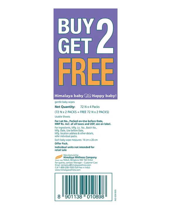 Himalaya Babycare Gentle Baby Wipes with Biodegradable Plant Based Fabric & Indian Lotus Aloe Vera Infused 72 Pieces Each - Pack of 4