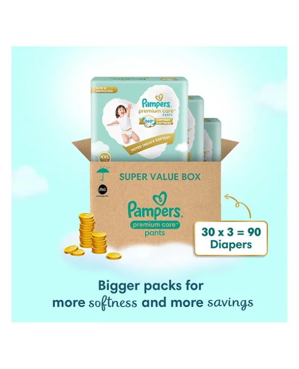 Pampers Premium Care Pants Baby Biapers Double Extra Large Size - 90 Pieces