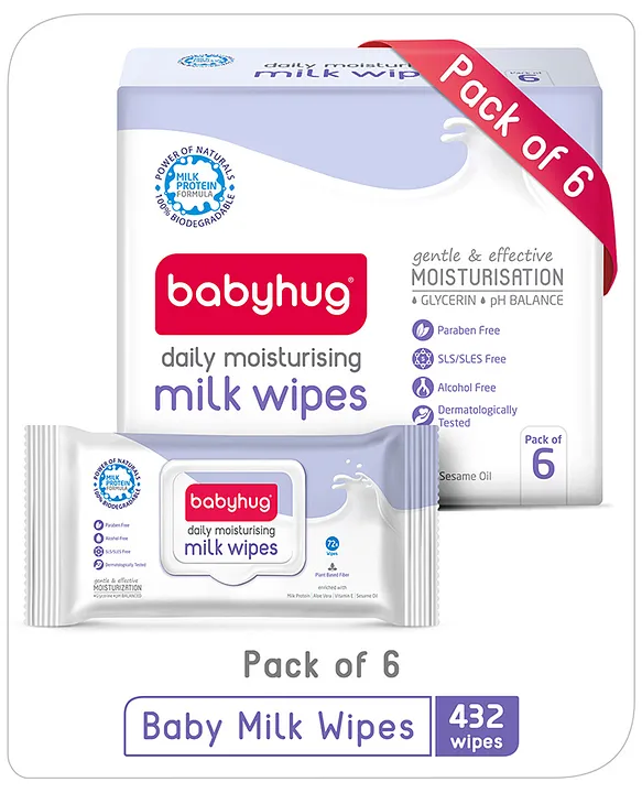 Baby hug Milk Daily Moisturizing Baby Wet Wipes 98% Water Pack of 6 - 72 Pieces Each