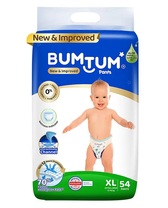 Bumtum Baby Diaper Pants with Double Layer Leakage Protection Infused With Aloe Vera, Cottony Soft High Absorb Technology Extra Large - 54 Pieces
