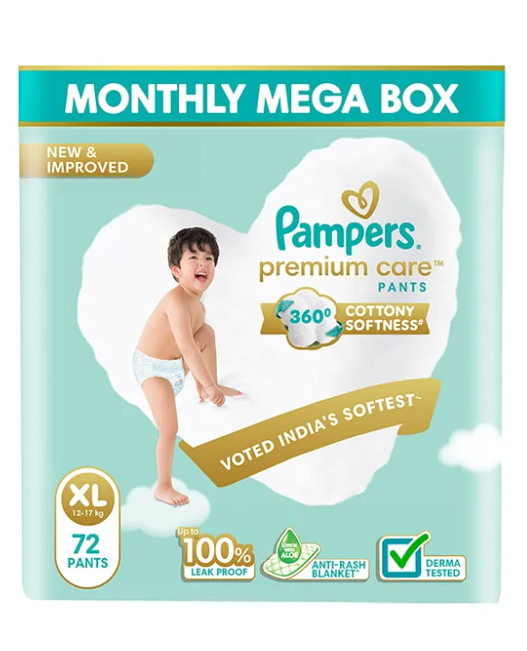 Pampers Premium Care Pants, Extra Large size baby diapers (XL), 72 Count, Softest ever pants