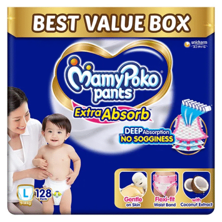 MamyPoko Pants Extra Absorb Baby Diapers, Large (L size) | 9-14 kg | 128 Count |Deep Sleep Diapers| Soft gentle fit |Deep Absorbent Crisscross | skin friendly with coconut oil |