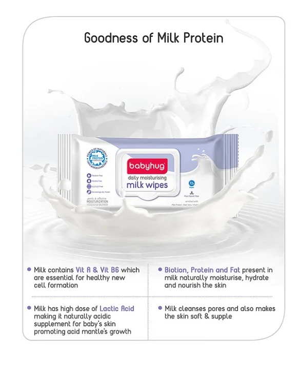Baby hug Milk Daily Moisturizing Baby Wet Wipes 98% Water Pack of 6 - 72 Pieces Each