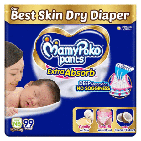 MamyPoko Pants Extra Absorb Baby Diapers, New Born (NB size) | 0-5 kg | 99 Count |Deep Sleep Diapers| Soft gentle fit |Deep Absorbent Crisscross | skin friendly with coconut oil |