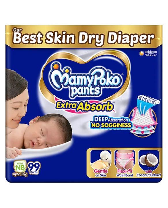 MamyPoko Pants Extra Absorb Baby Diapers, New Born (NB size) | 0-5 kg | 99 Count |Deep Sleep Diapers| Soft gentle fit |Deep Absorbent Crisscross | skin friendly with coconut oil |