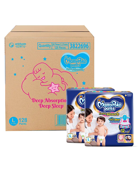 MamyPoko Pants Extra Absorb Baby Diapers, Large (L size) | 9-14 kg | 128 Count |Deep Sleep Diapers| Soft gentle fit |Deep Absorbent Crisscross | skin friendly with coconut oil |