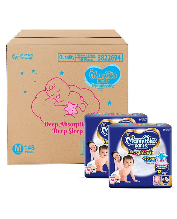 MamyPoko Pants Extra Absorb Baby Diapers, Medium (M size) | 7-12 kg | 148 Count |Deep Sleep Diapers| Soft gentle fit |Deep Absorbent Crisscross | skin friendly with coconut oil |