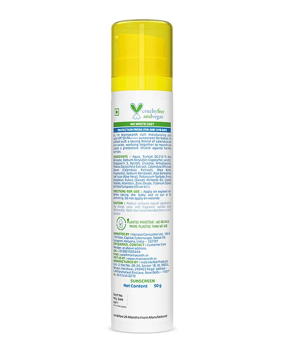 Mamaearth Baby Rich Moisturizing Ultra Light Sunscreen Water Resistant Lightweight & Moisturizing with SPF 50 & PA - 50 g