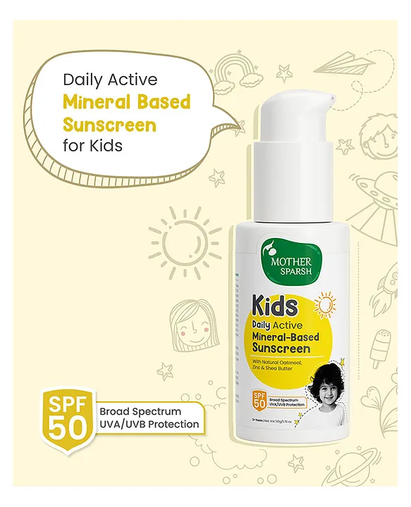 Mother Sparsh Baby Sunscreen with Natural Oatmeal & Zinc Daily Active Mineral Based Baby Sunscreen Lotion with SPF 50 Broad Spectrum UVA/UVB Protection Water & Sweat Resistant - 50 g