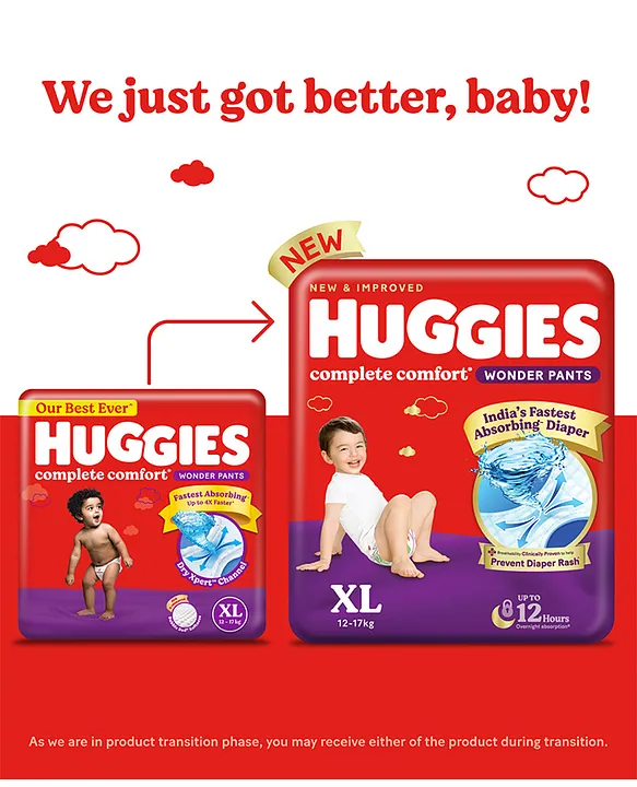 Huggies Complete Comfort Wonder Pants, India's Fastest Absorbing Diaper | XL Size, 168 Diapers