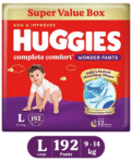 Huggies Complete Comfort Wonder Pants, India's Fastest Absorbing Diaper | L Size, 192 Diapers