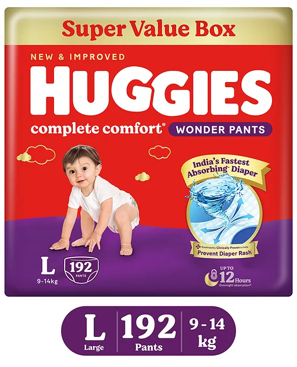 Huggies Complete Comfort Wonder Pants, India's Fastest Absorbing Diaper | L Size, 192 Diapers