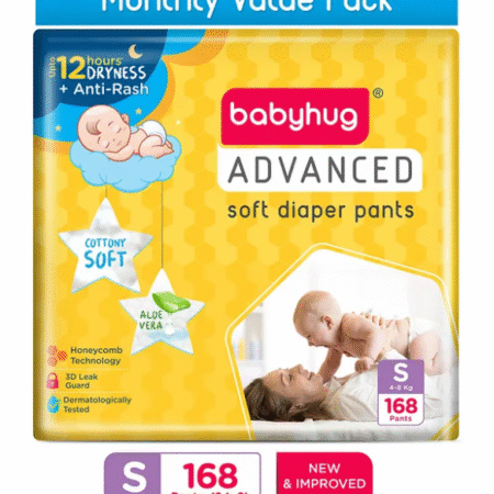 Babyhug Advanced Pant Style Diaper Monthly Box Pack Small (S) Size - 168 Pieces, Honeycomb Technology, Cottony Soft Diaper with 3D Leak Guard, Latex & Alcohol Free, Anti-rash & Gentle
