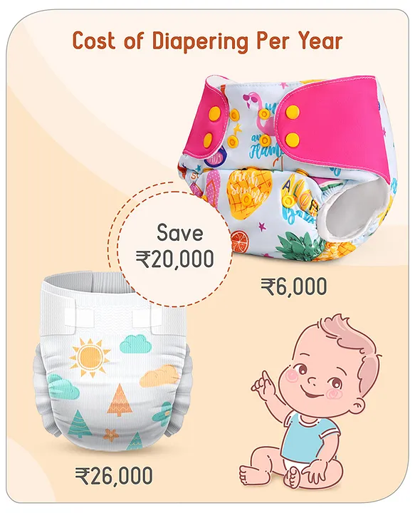 Baby hug Free Size Reusable Cloth Diaper With Inserts & Contrast Flap Pack of 3 - Pink & Orange