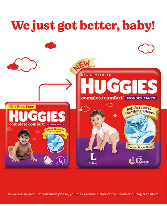 Huggies Complete Comfort Wonder Pants, India's Fastest Absorbing Diaper | L Size, 192 Diapers