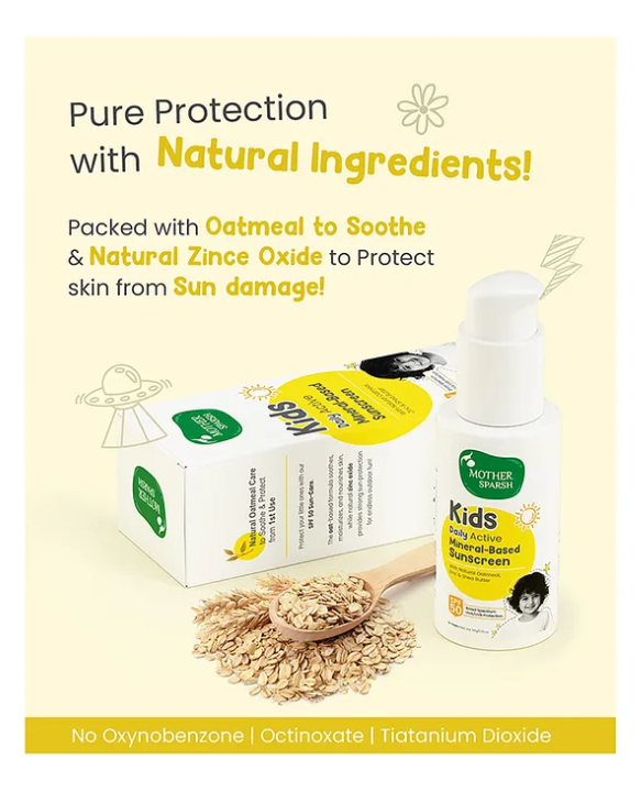Mother Sparsh Baby Sunscreen with Natural Oatmeal & Zinc Daily Active Mineral Based Baby Sunscreen Lotion with SPF 50 Broad Spectrum UVA/UVB Protection Water & Sweat Resistant - 50 g