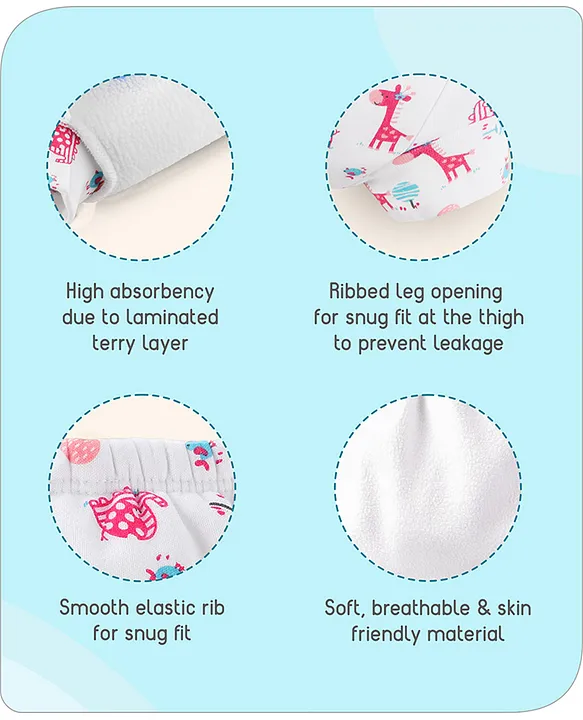 Baby hug 100% Cotton Padded Underwear Training Diapers Animals Print Pack of 3 Size 1 - Multicolor
