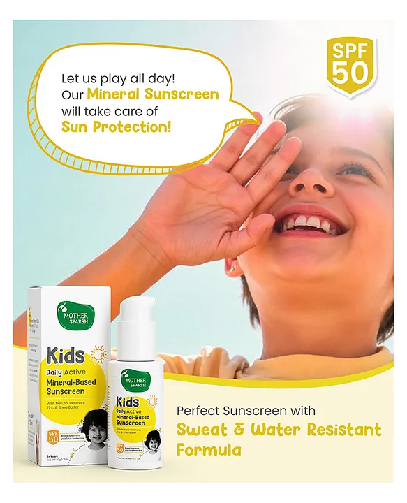 Mother Sparsh Baby Sunscreen with Natural Oatmeal & Zinc Daily Active Mineral Based Baby Sunscreen Lotion with SPF 50 Broad Spectrum UVA/UVB Protection Water & Sweat Resistant - 50 g